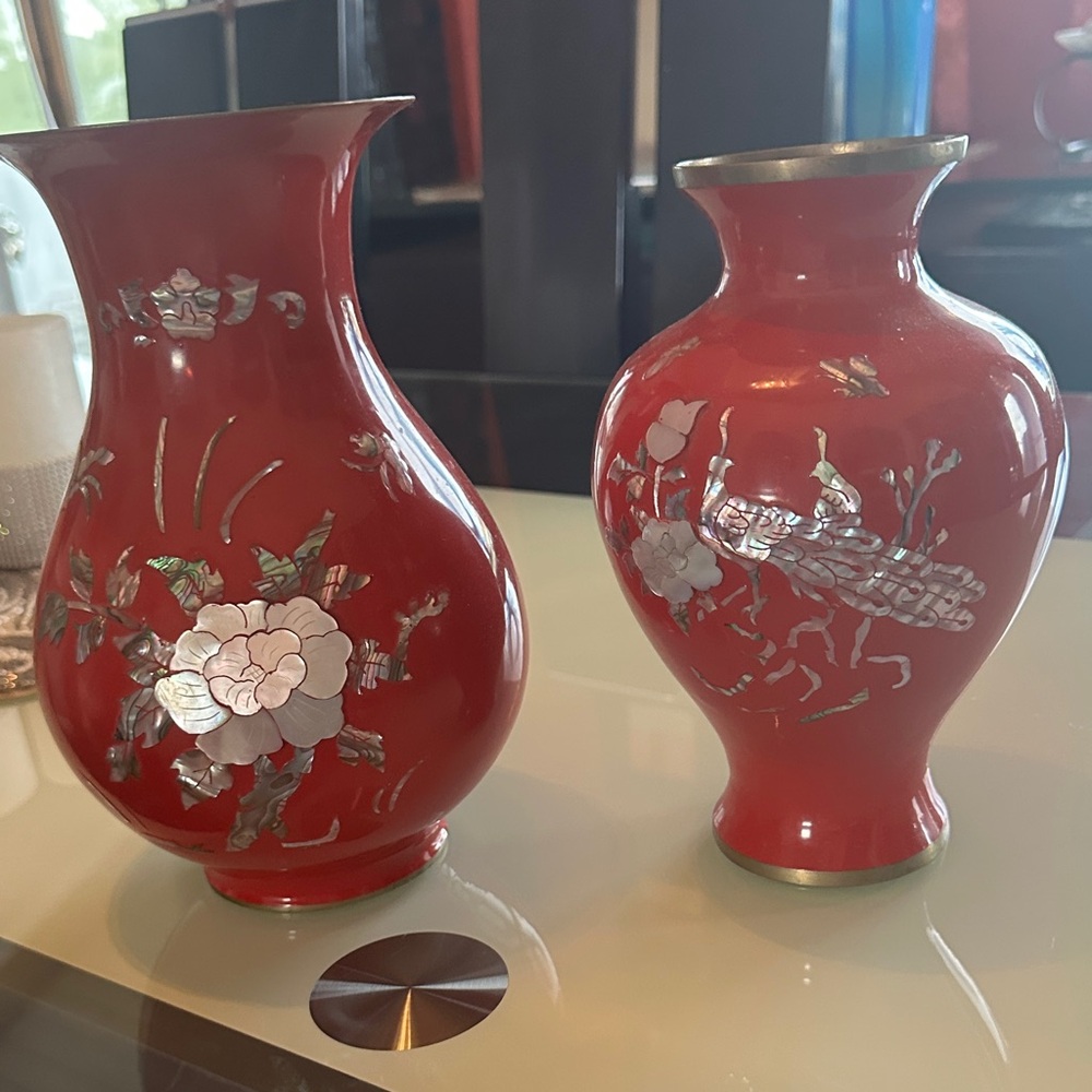 Elegant Red Floral Vases with mother of pearl inlays